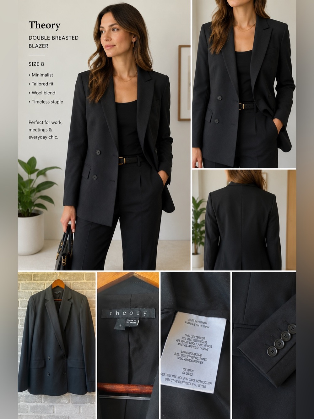 Theory Black Structured Double Button Blazer Size 8 Quiet Luxury Careerwear